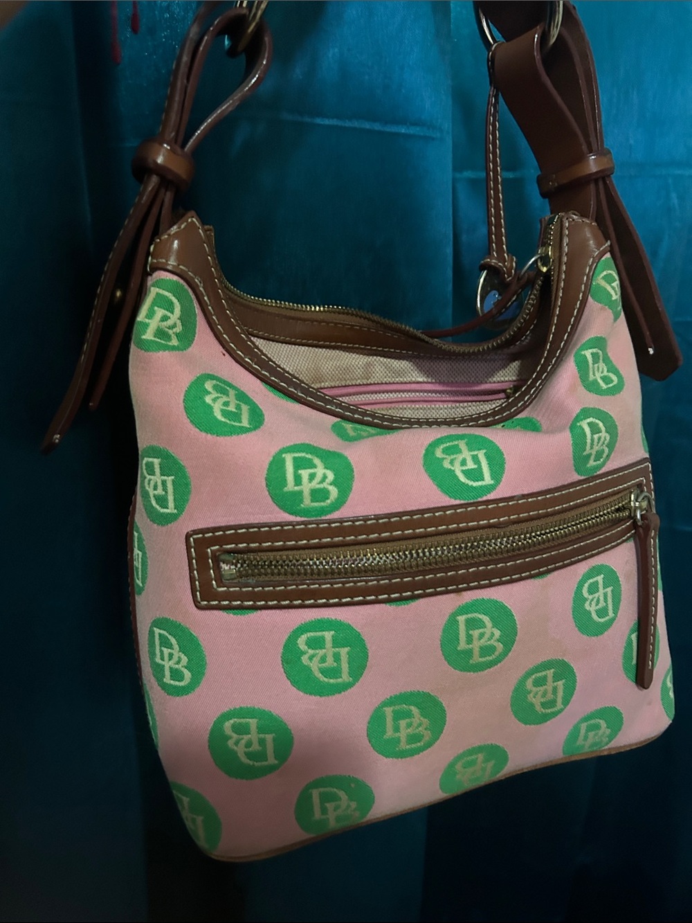 Dooney & Bourke Pink and Green Shoulder Bag with Brown - Picture 7 of 8